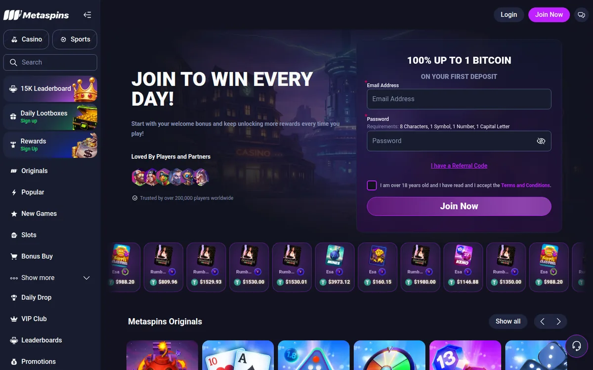 Screenshot: Metaspins full homepage