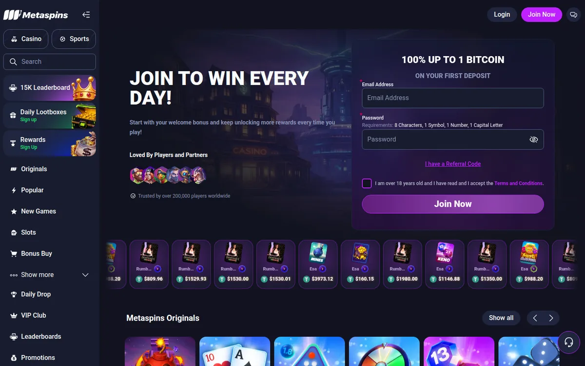 Screenshot: Metaspins homepage