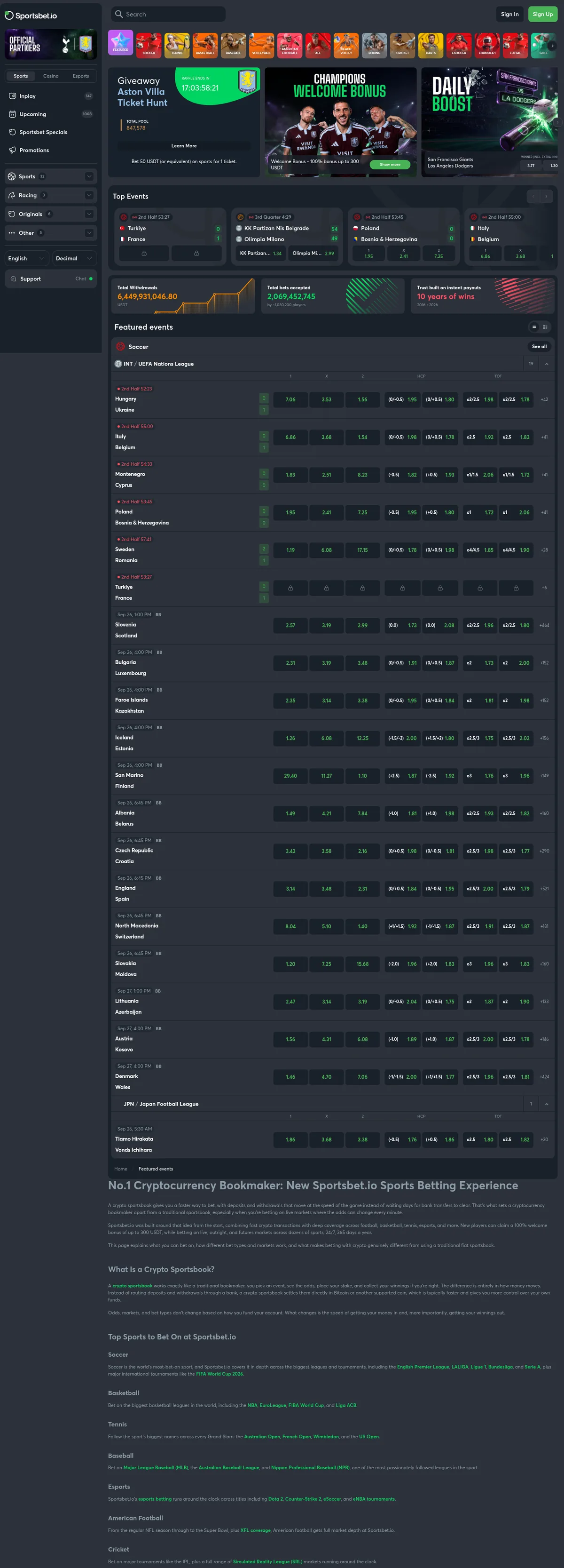 Screenshot: Sportsbet.io full homepage