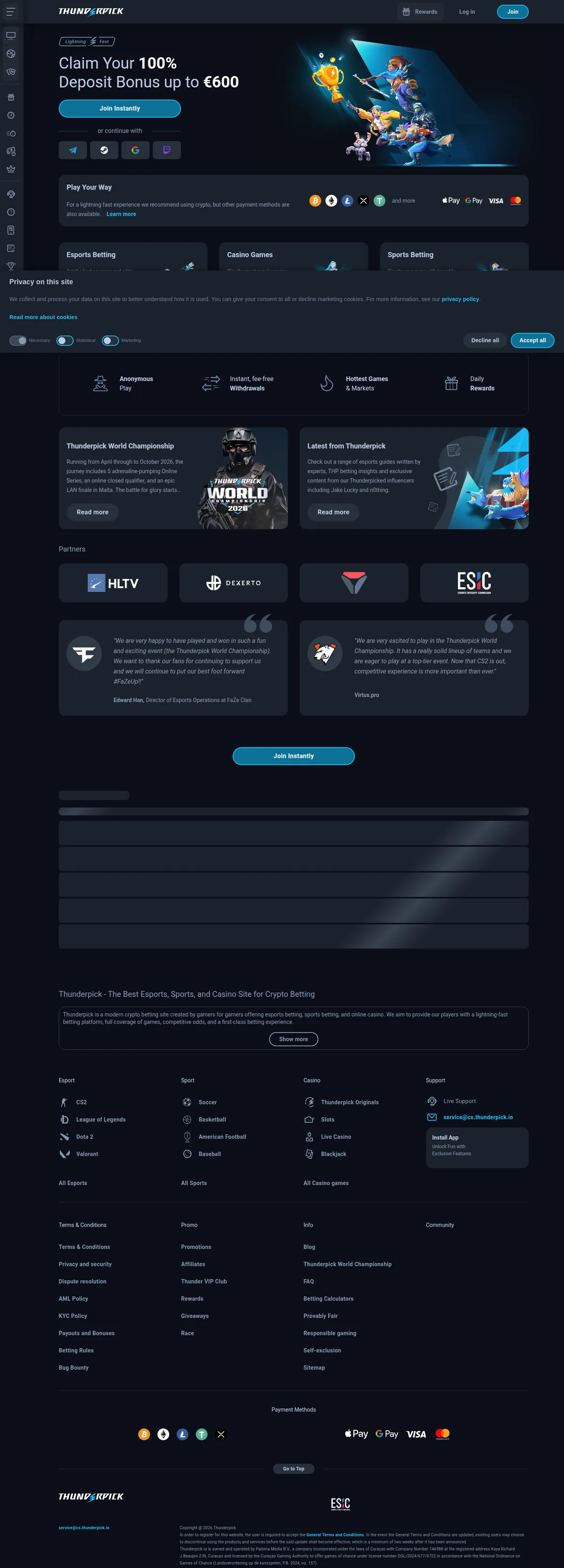 Screenshot: Thunderpick full homepage