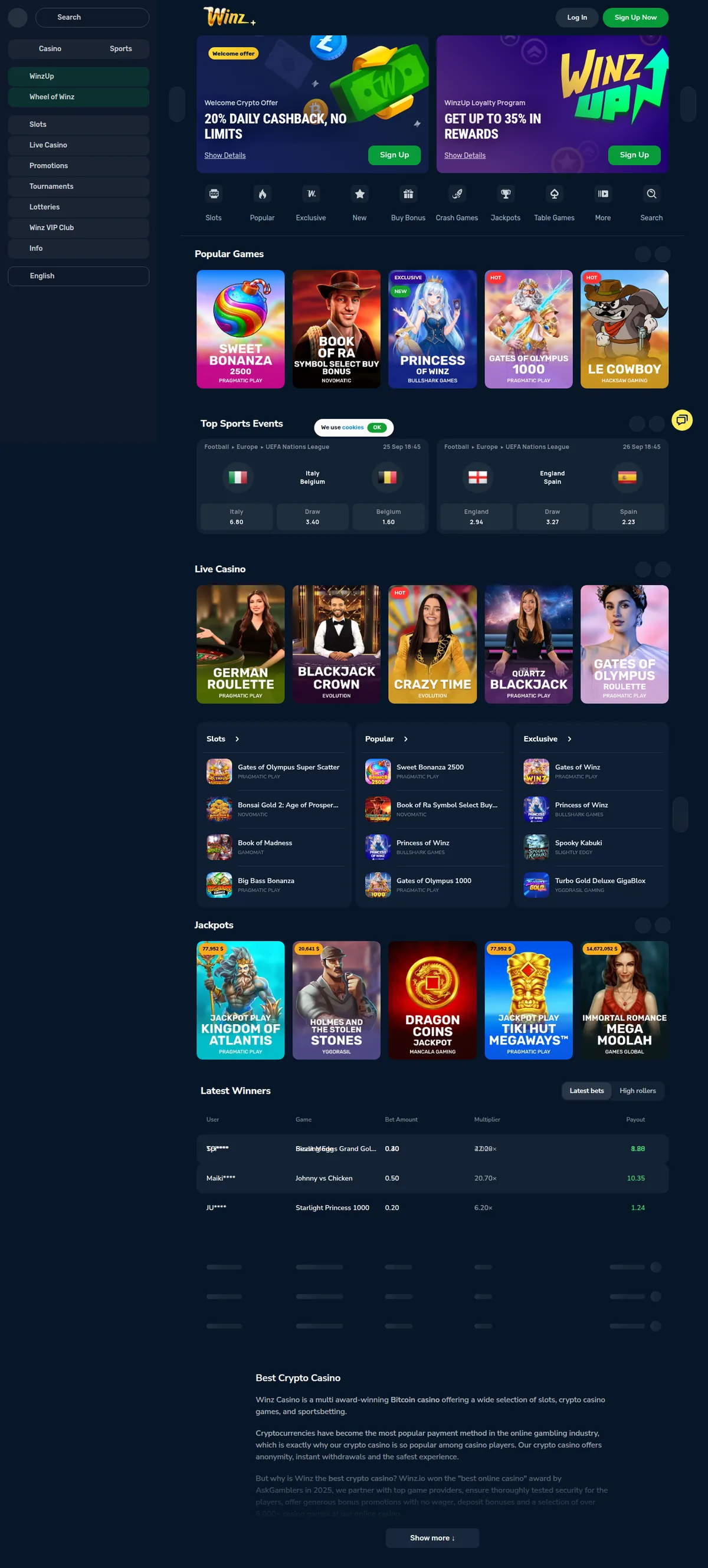 Screenshot: Winz.io full homepage